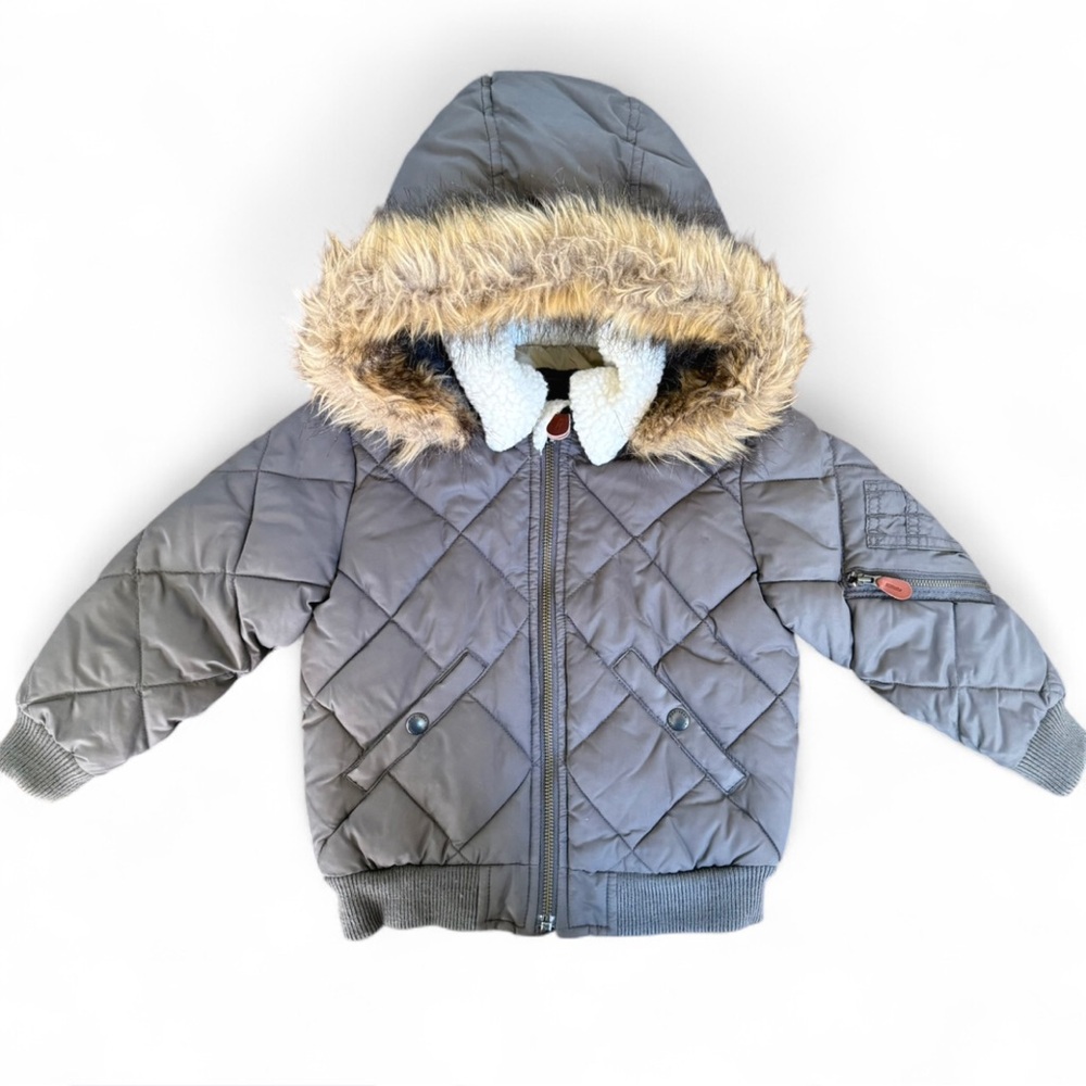 Baby Gap Quilted Faux Fur Hooded Bomber Jacket Gray 4T